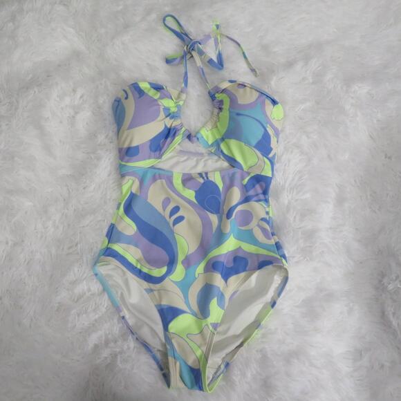 GAP Womens Sz S Blue and Neon Yellow Recycled Halter One-Piece Swimsuit Retro - Picture 1 of 5